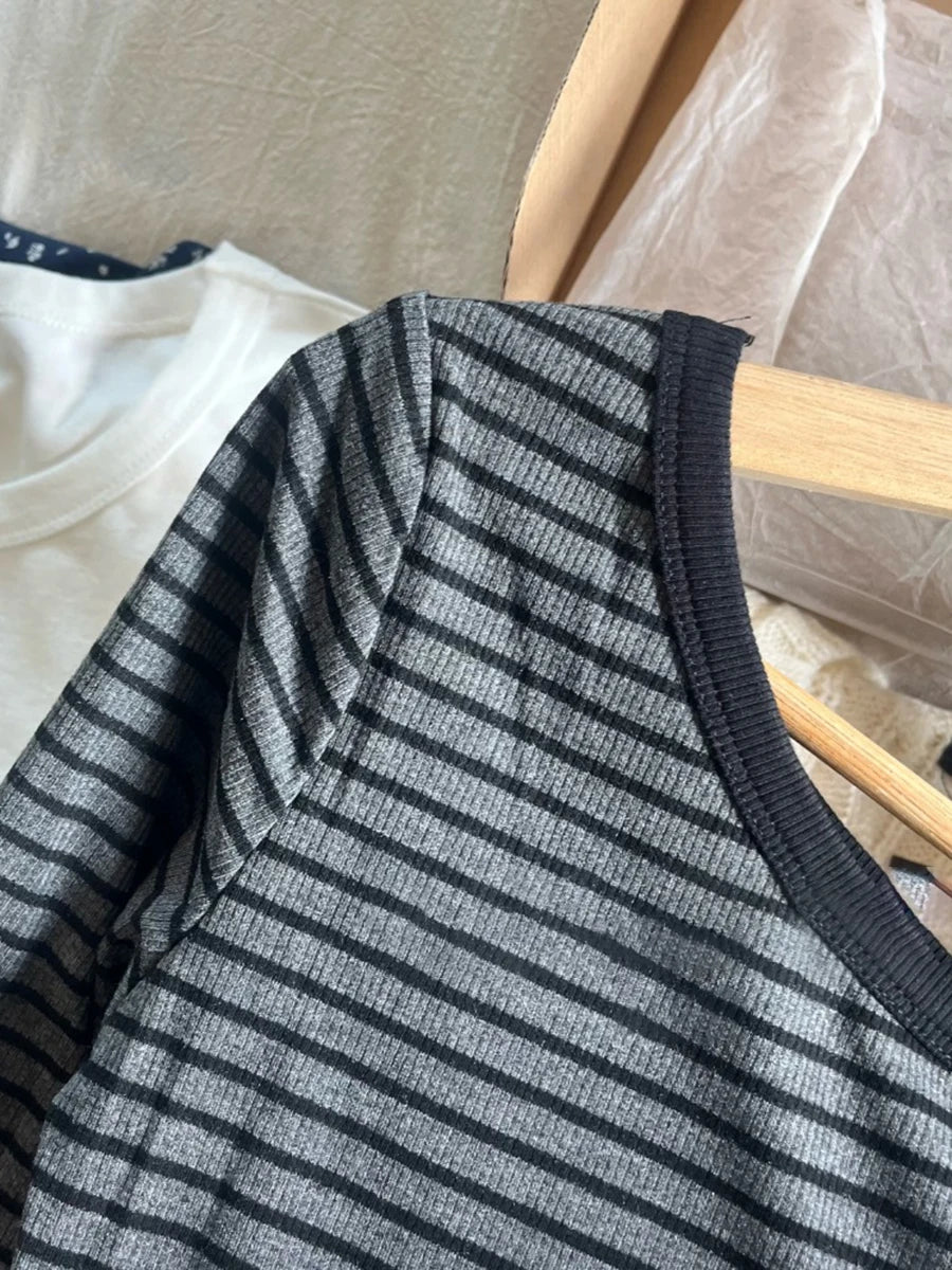 Vintage Striped Irregular Neck Long Sleeve T-shirt Women Autumn Cotton Slim Tee Shirts Female Sweet Streetwear Y2K Tshirt Tops