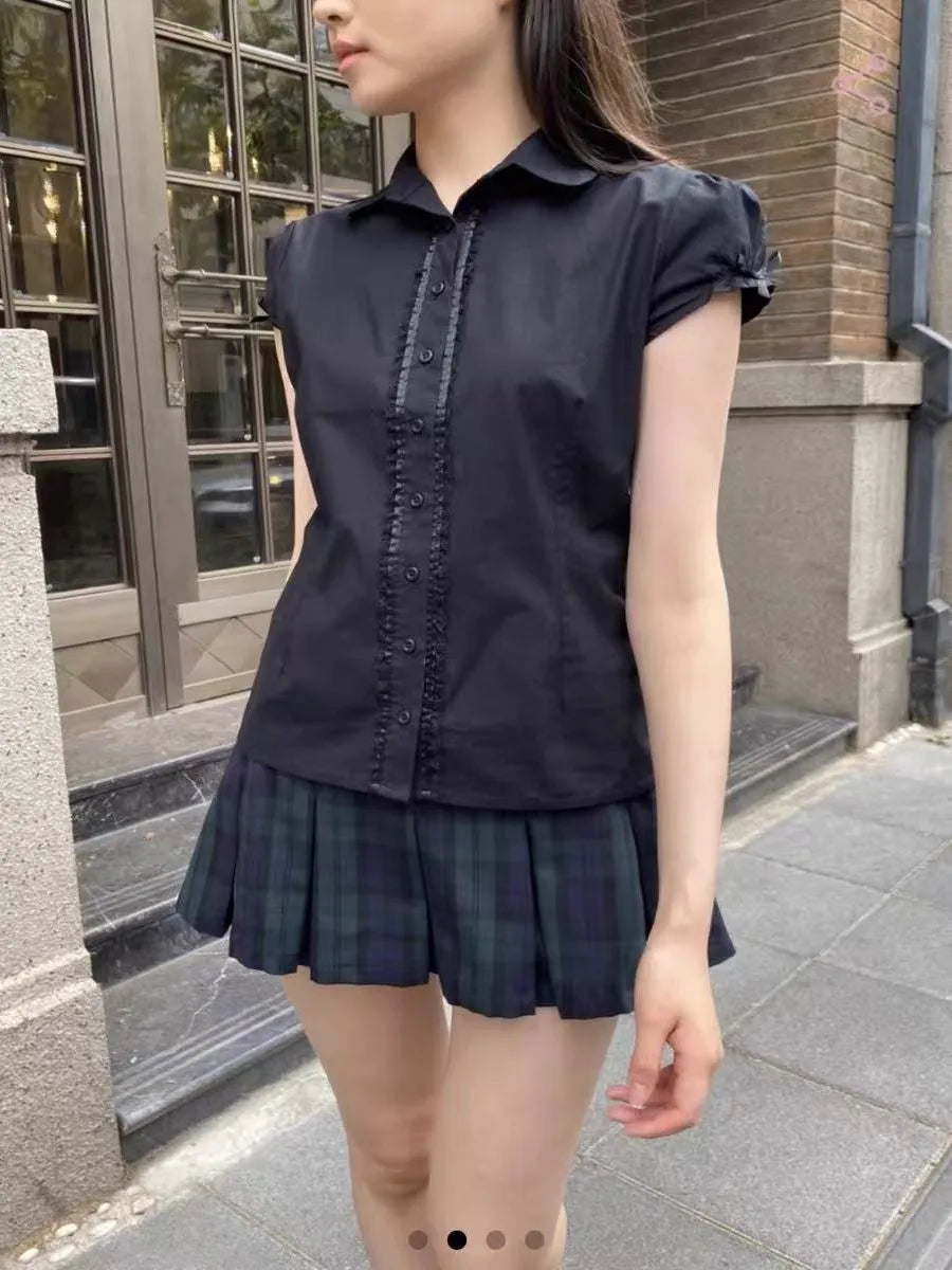 Black Lace Trim Buttons Blouse Tees Women Summer New Sweet Harajuku Bow Short Sleeve Tops Vintage Preppy Style Chic T-shirts Y2K