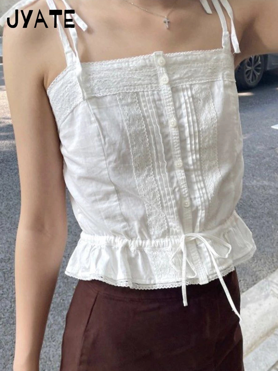 Sweet Pink Hollow Out Strappy Tank Tops Women Summer New Cotton Slim Ruffles Buttons Cropped Vests Vintage Sexy Chic Camis Y2K