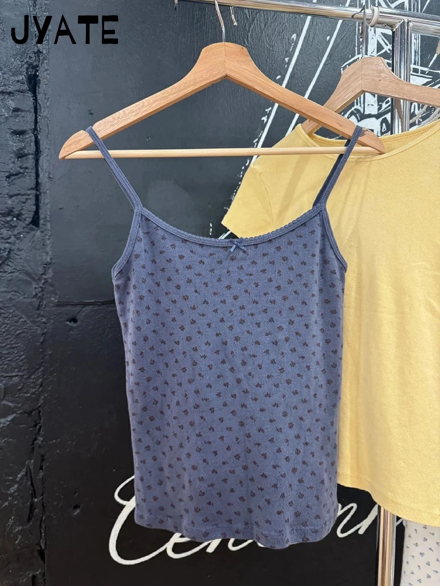 Gray Bear Print Bow Tank Tops Women New Lace Trim Slim Cotton Preppy Style Sleeveless Vests Vintage Cute Streetwear Y2K Camisole