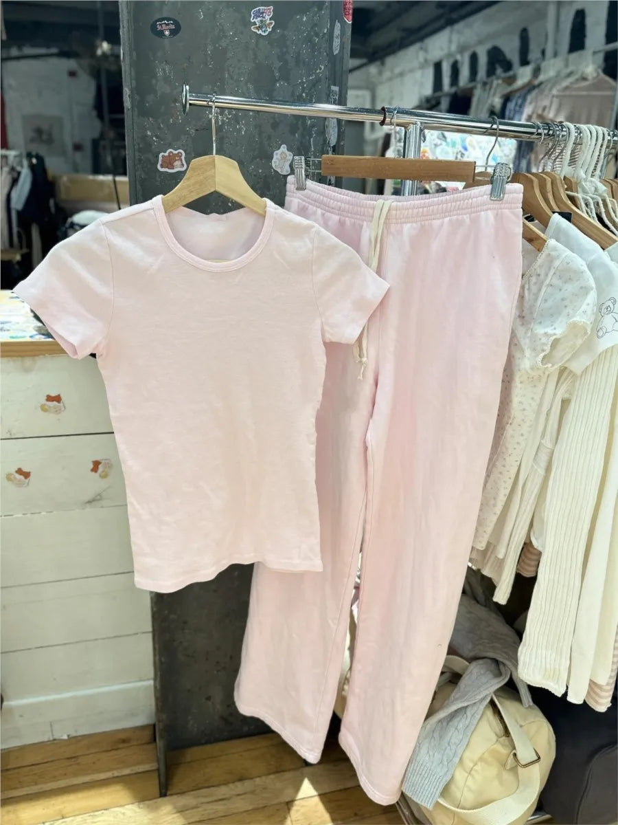 Sweet Pink Basic T-shirt Pant Sets Women New Casual O-neck Short Sleeve Tee+Straight Sweatpant Cute Preppy Style 2 Piece Set Y2K