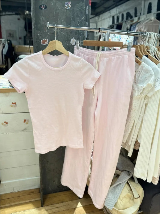 Sweet Pink Basic T-shirt Pant Sets Women New Casual O-neck Short Sleeve Tee+Straight Sweatpant Cute Preppy Style 2 Piece Set Y2K