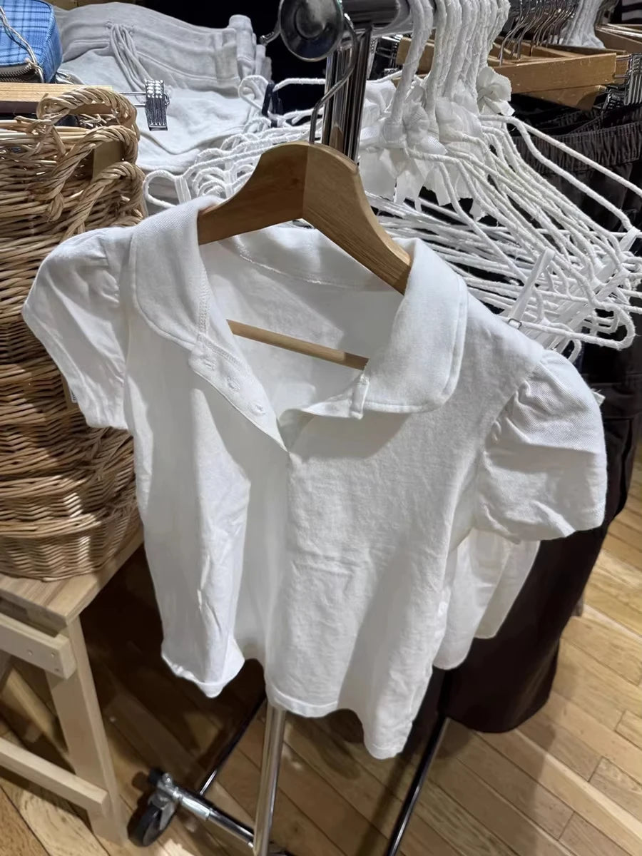 Cute White Polo T-shirt Women Summer New Strweetwear Cotton Turn Down Collar Short Sleeve Tees Sweet Preppy Style T Shirt Spring