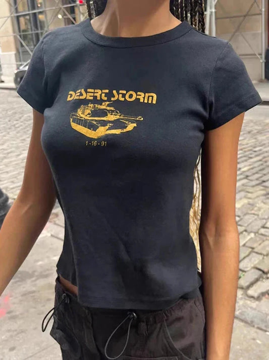 Fashion Slim Simple Letter Print Crop Tops Women Chic Streetwear Cotton O-neck Short Sleeve Tees Female Casual Vintage Y2K Tops