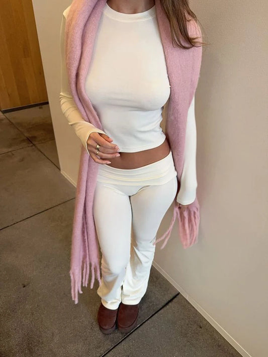 Solid Skinny Cotton T-shirt Pant Set Woman O-neck Long Sleeve Tee+Foldover Flare Yoga Pant Sport 2 Piece Sets Can mix and match