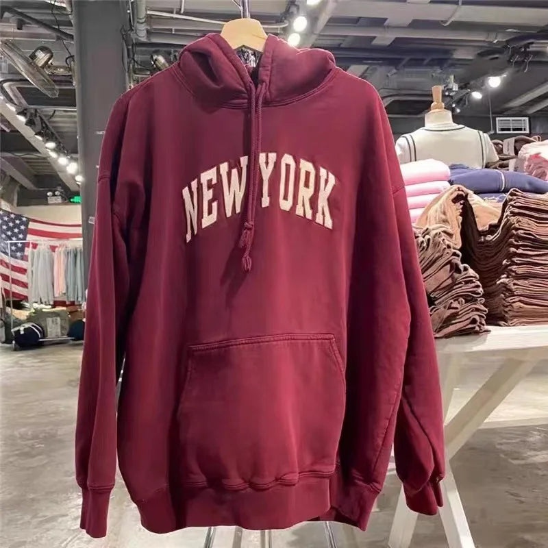 Chic Letter Embroidery Loose Hoodie Women Cotton Casual Streetwear Pocket Drawstring Pullover Top Vintage Sweet Y2K Sweatshirts
