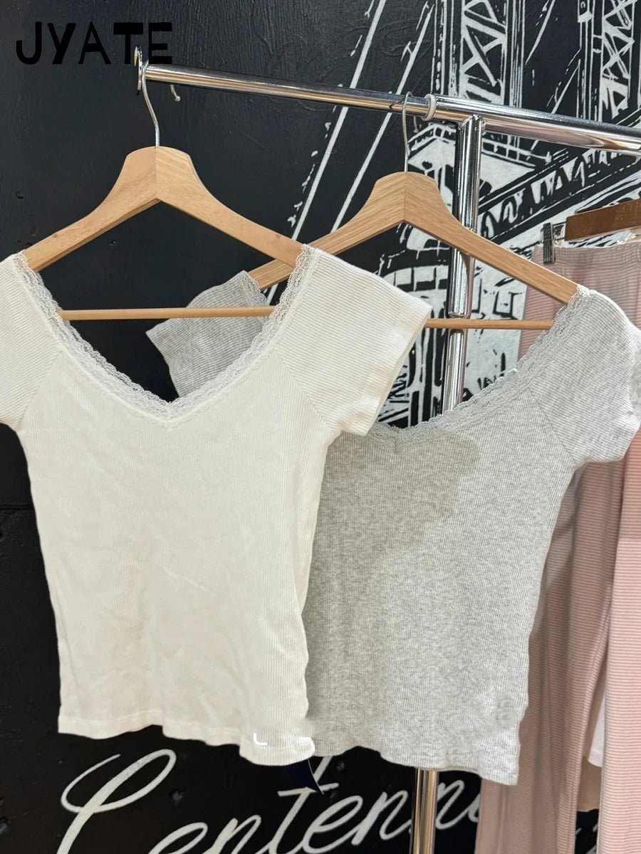 Lace Trim Pink V-neck T-shirts Women Cotton Ribbed Slim Casual Preppy Style Short Sleeve Tees Femme Vintage Sweet Cute Tops Y2K