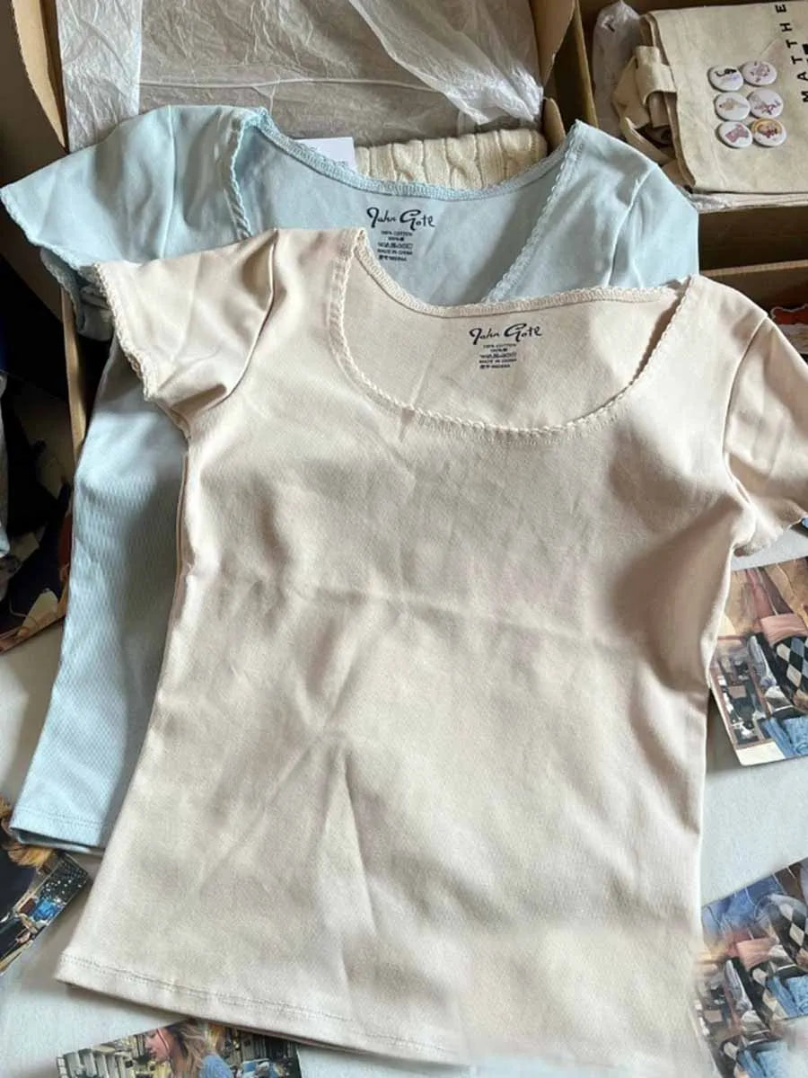 Sweet Crew Neck Solid Short Sleeve Tees Women Summer New Cotton Soft Casual Streetwear Chic Tops Vintage Cute Harajuku T-shirts