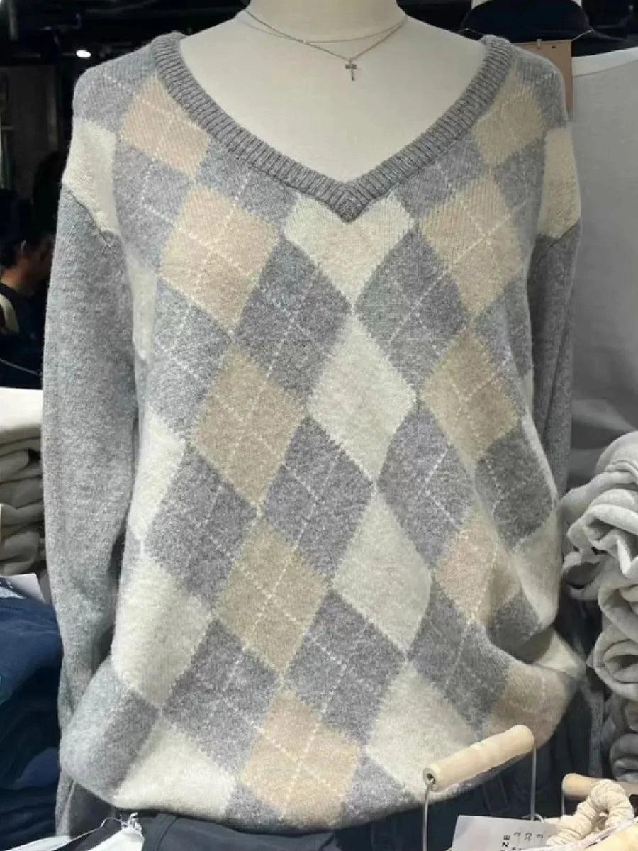 Fashion Loose Argyle Preppy Sweater Women Autumn Cotton V-neck Casual Long Sleeve Pullover Tops Streetwear Vintage Chic Jumpers