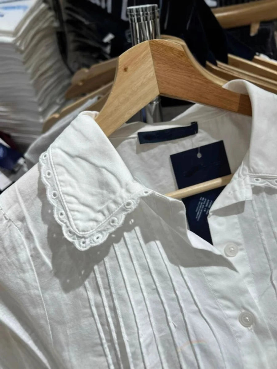 Sweet Lace Trim Collar Buttons Blouse T-shirts Women White Slim Casual Long Sleeve Tees Girls Cute Preppy Style Y2K Crop Tops