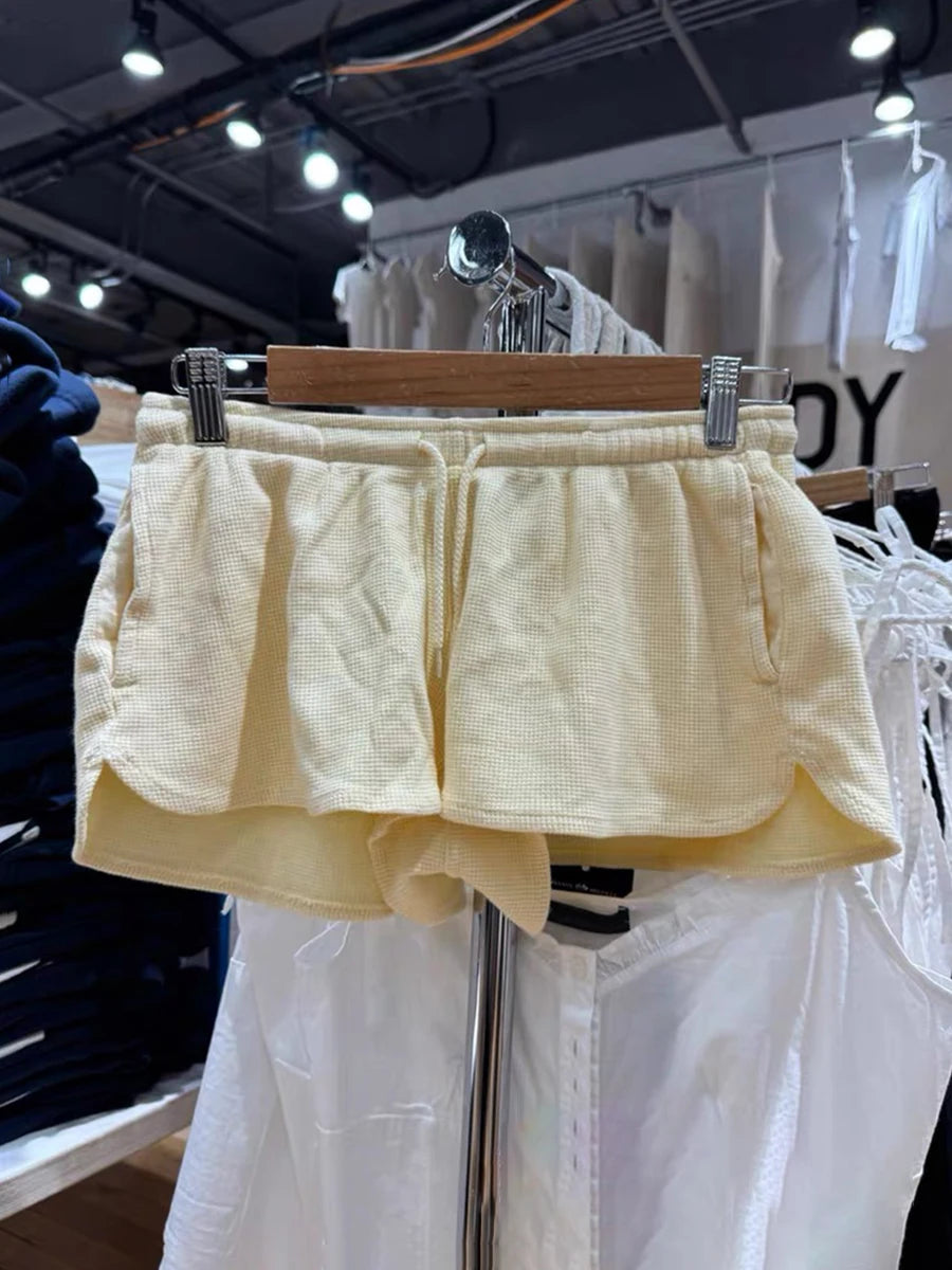 Yellow Waffle Loose Shorts Women Summer New Casual Drawstring Elastic High Waist Sports Short Sweet CutePreppy Style Short Pants