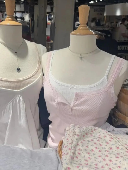 Sweet Pink Lace Trim Ribbed Camisole Women New Casual Cotton Buttons Slim Sleeveless Vest All-match Simple Cropped Tank Tops Y2K