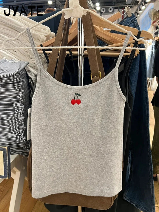 Cute Cherry Embroidery Slim Tank Tops Women Summer New Cotton Soft Casual Sleeveless Cropped Vests Sweet Preppy Style Camis Y2K
