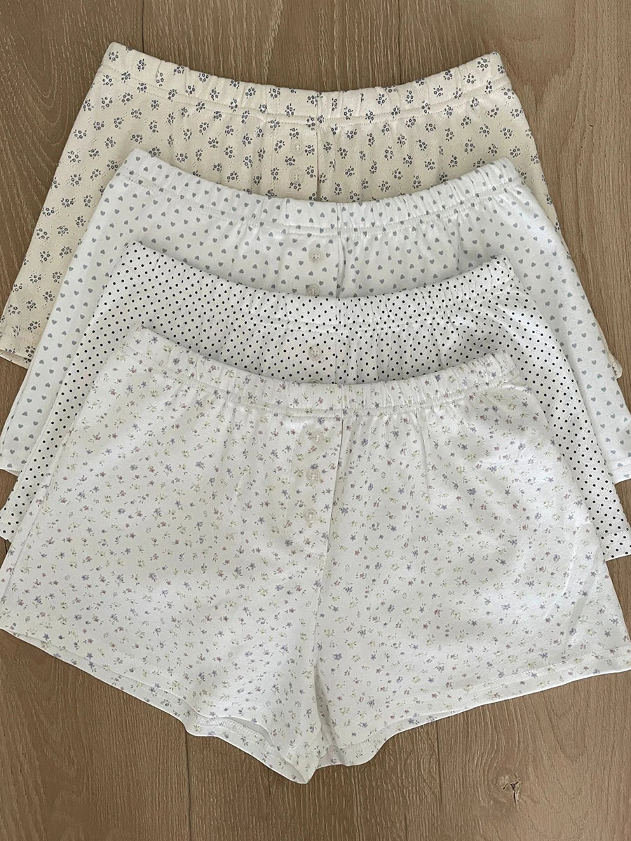 Sweet Eyelet Floral Print Short Pants Women Three Buttons High Waist Straight Home Cozy Underwear Casual Cute Cotton Shorts Y2K