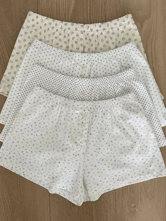 Sweet Eyelet Floral Print Short Pants Women Three Buttons High Waist Straight Home Cozy Underwear Casual Cute Cotton Shorts Y2K