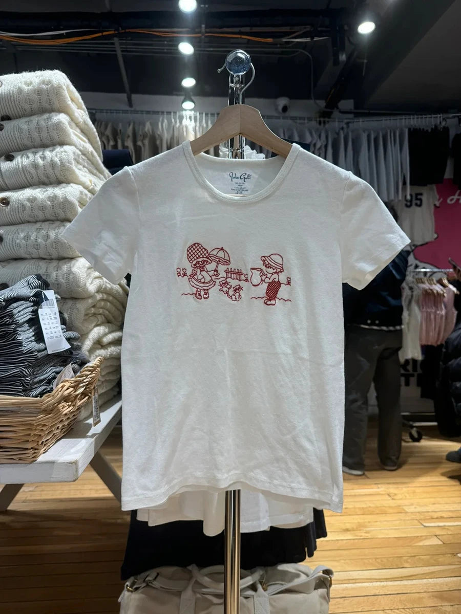 Vintage Red Letter Flag Embroidery Cotton T-shirt Women O-neck Summer Short Sleeve Tee Shirt American Slim Casual Crop Y2K Top