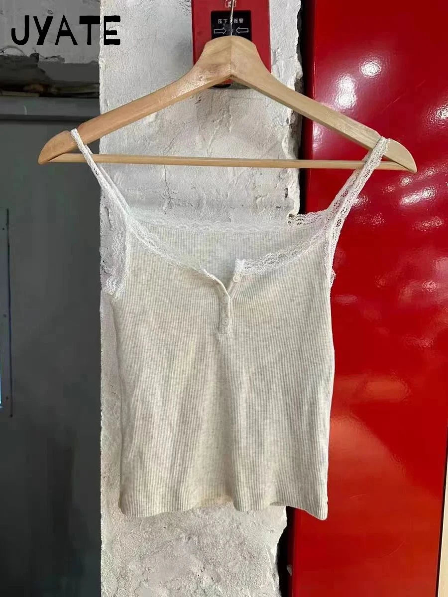 Gray Cotton Ribbed Slim Tank Tops Women Summer Lace Trim Buttons Casual Simple Sleeveless Vests Sweet Girls Cute Basic Camisole