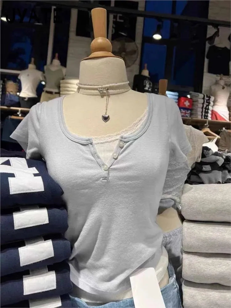 Sweet Pink Buttons Short Sleeve Tee Female New Cotton Soft Casual O-neck Simple Basic Tops Women Cute Chic Harajuku T-shirts Y2K
