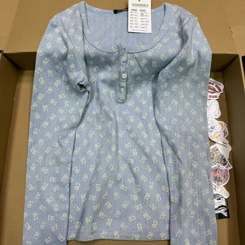 Sweet Little Bear Print Buttons Long Sleeve Tees Women Autumn New Cotton Soft Gray Casual Tops Female Vintage Cute Y2K T-shirts