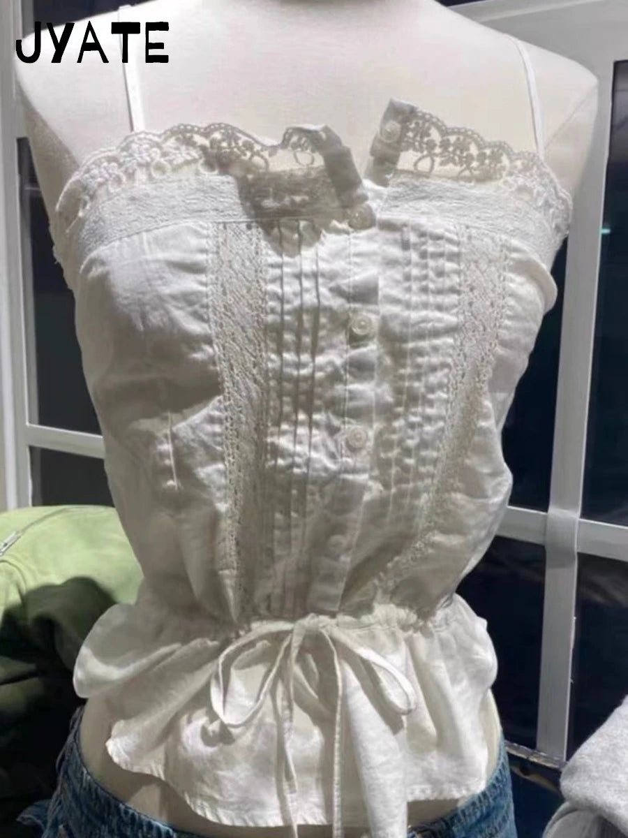 Sweet Lace Trim White Strap Tank Tops Women Cotton Casual Patchwork Preppy Style Sleeveless Vests Cute Chic Vintage Camisole Y2K