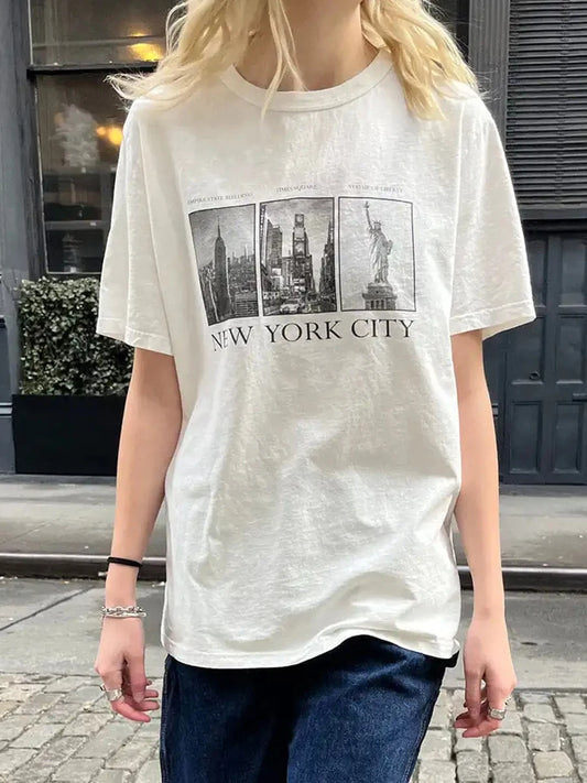 White Letter Graphic Print Loose Short Sleeve Tees Women Cotton O-neck Casual Streetwear Tops Oversized Vintage Simple T-shirts