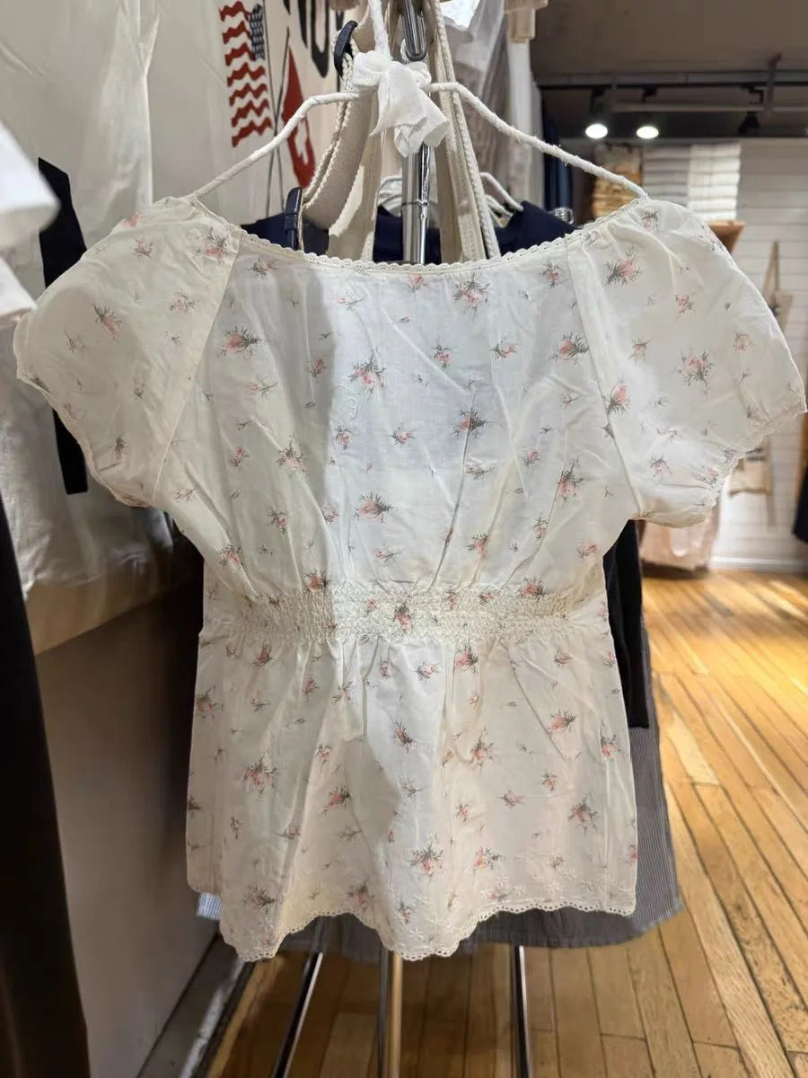 Floral Print Lace Trim T-shirts Women Summer New Casual Streetwear Buttons Short Sleeve Tees Sweet Simple Cute Tshirt Tops Y2K
