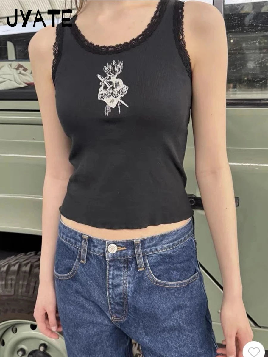 Cross Print Lace Trim Black Tank Tops Women Summer Casual Slim Streetwear Sleeveless Cropped Vests Harajuku Vintage Chic Camis