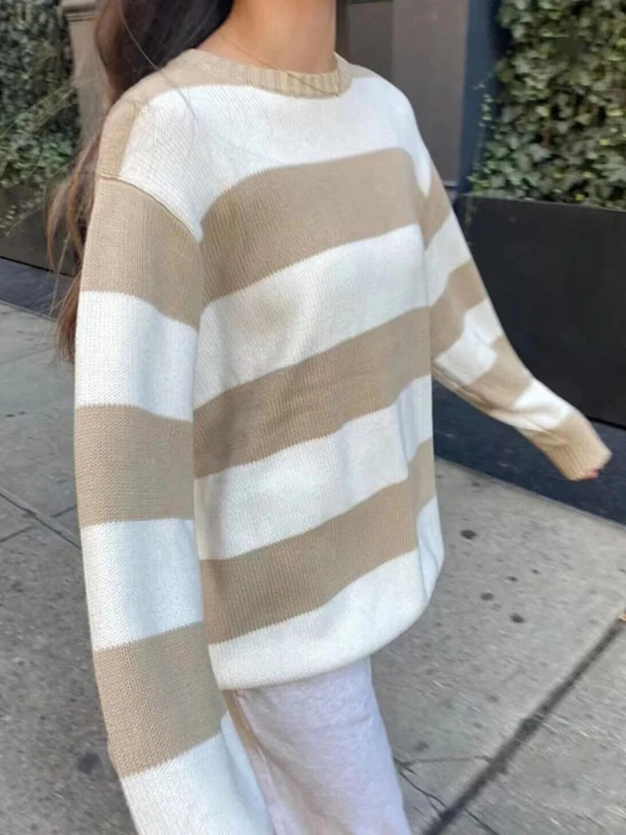 Striped Thick Knitted Jumpers Women Autumn O-neck Fashion Casual Streetwear Loose Pullovers Tops Chic Vintage Sweet Y2K Sweaters