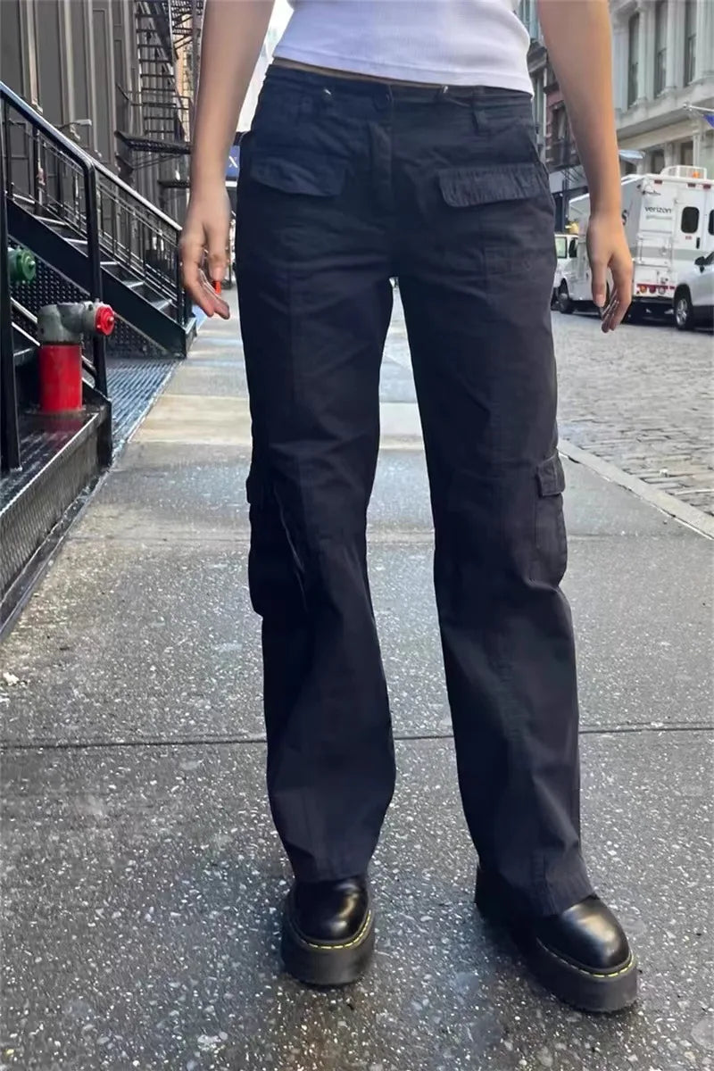 Army Green Retro Pockets Low Waist Straight Pants Women Spring Streetwear Casual Cargo Pant Vintage Harajuku Baggy Y2K Trousers