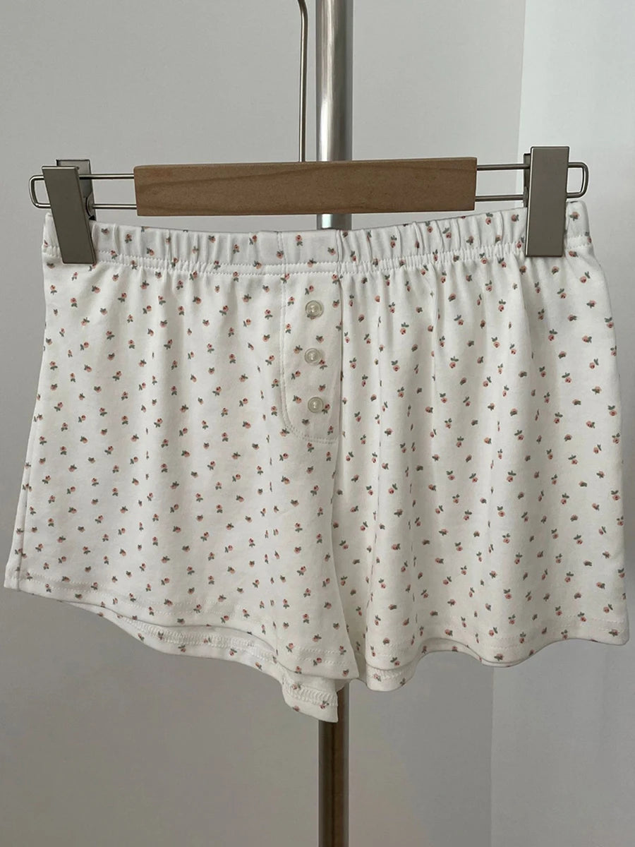 Sweet Eyelet Floral Print Short Pants Women Three Buttons High Waist Straight Home Cozy Underwear Casual Cute Cotton Shorts Y2K