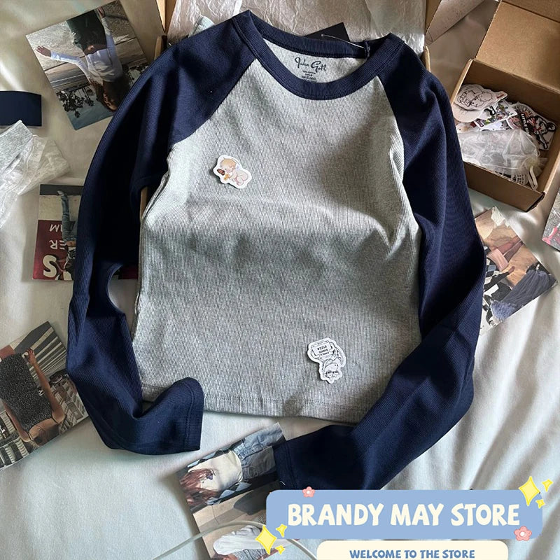 Retro Patchwork Ribbed T-shirt Women Autumn Casual O-Neck Cotton Long Sleeve Tee Shirt Vintage Streetwear Chic T Shirt Y2K Tops
