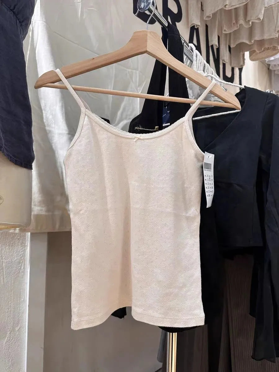 Pink Sweet Eyelet Cotton Camisole Women Summer New Casual Sleeveless Lace Trim Bow Cute Tank Top Cute All-match Basic Vest Y2K