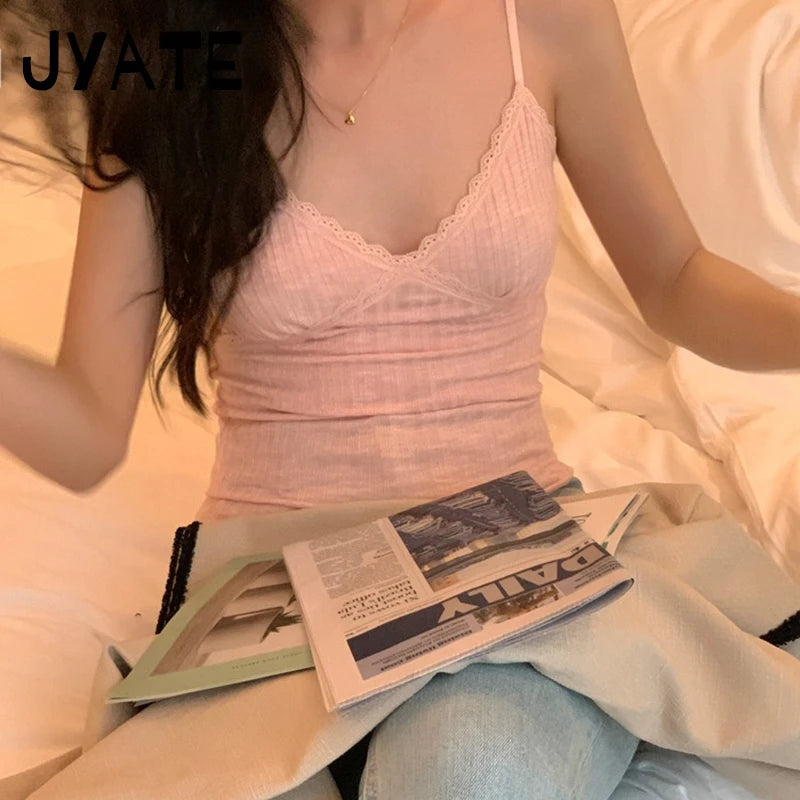 Sweet Solid Lace Trim V-neck Tank Tops Women New Summer Cotton Chic Slim Cropped Sleeveless Vests Vintage Basic Cute Camis Y2K