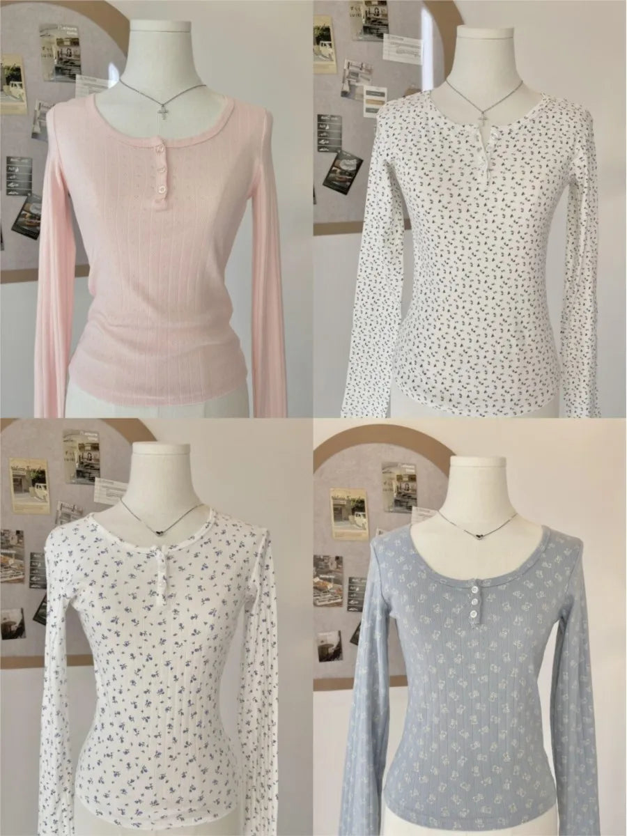 Sweet Solid Hollow Out T-shirts Femme Y2K Button Casual Basic Slim Long Sleeve Tees Women Preppy Style Vintage Cute Tops Clothes
