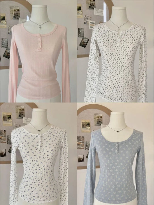 Sweet Solid Hollow Out T-shirts Femme Y2K Button Casual Basic Slim Long Sleeve Tees Women Preppy Style Vintage Cute Tops Clothes