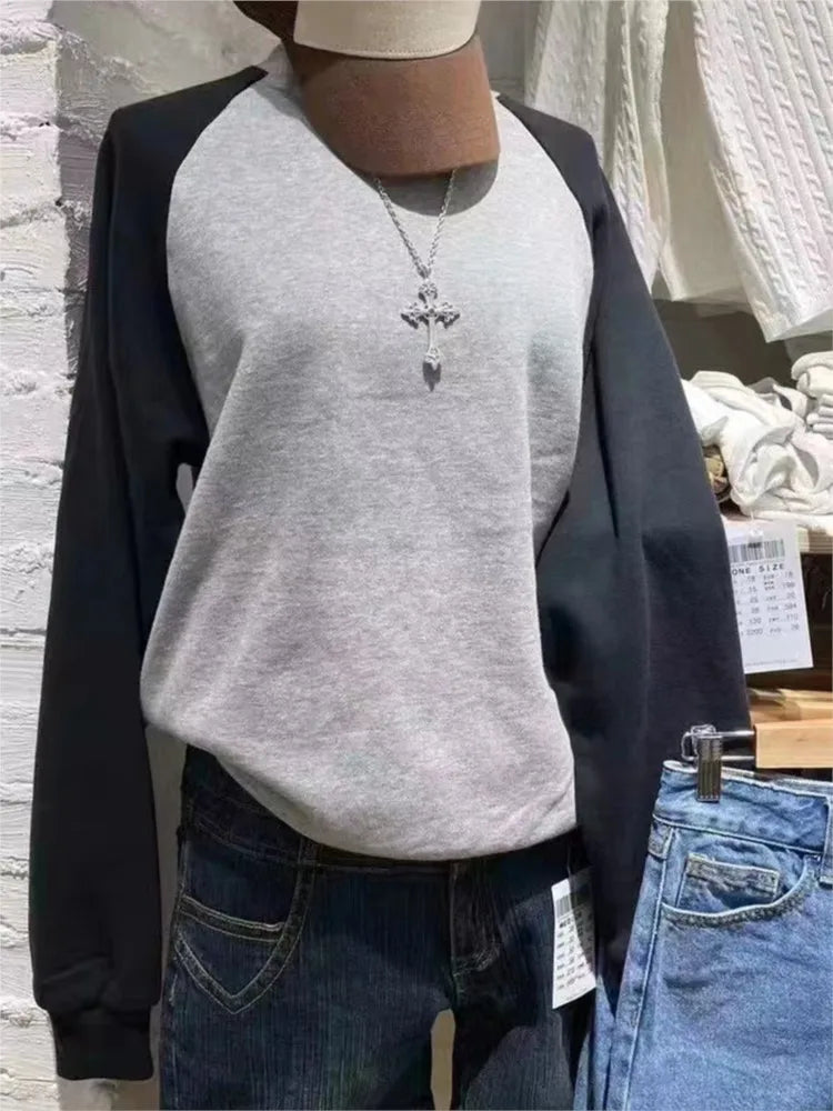 Fashion Simple Gray Patchwork O-neck Sweatshirts Women Autumn Cotton Casual Streetwear Hoodies Harajuku Vintage Pullover Top Y2K