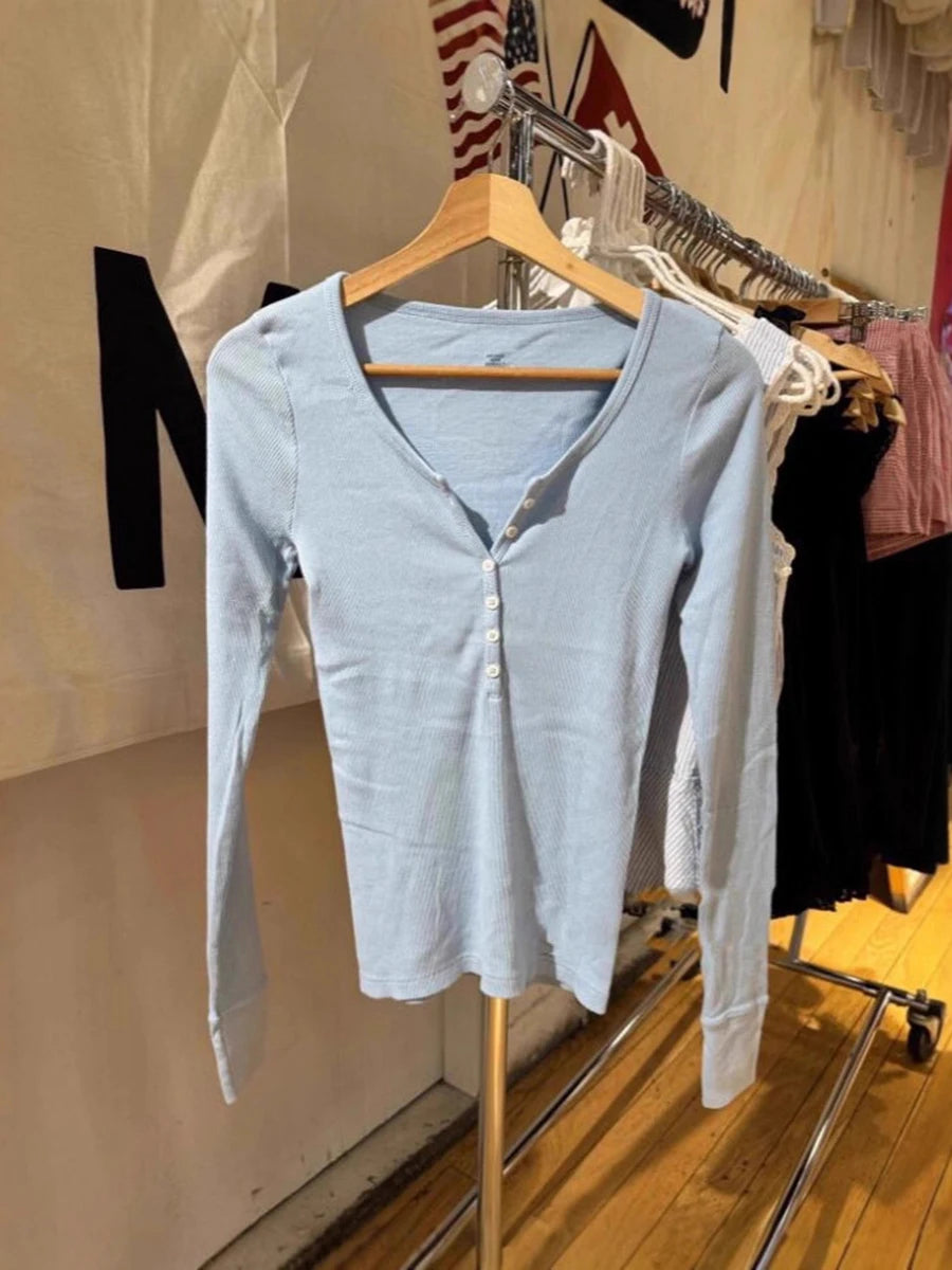 Green Vintage Ribbed Long Sleeve Tee Women's Autumn Six Button Cotton Casual Patchwork Slim T-Shirts Simple Chic Streetwear Tops