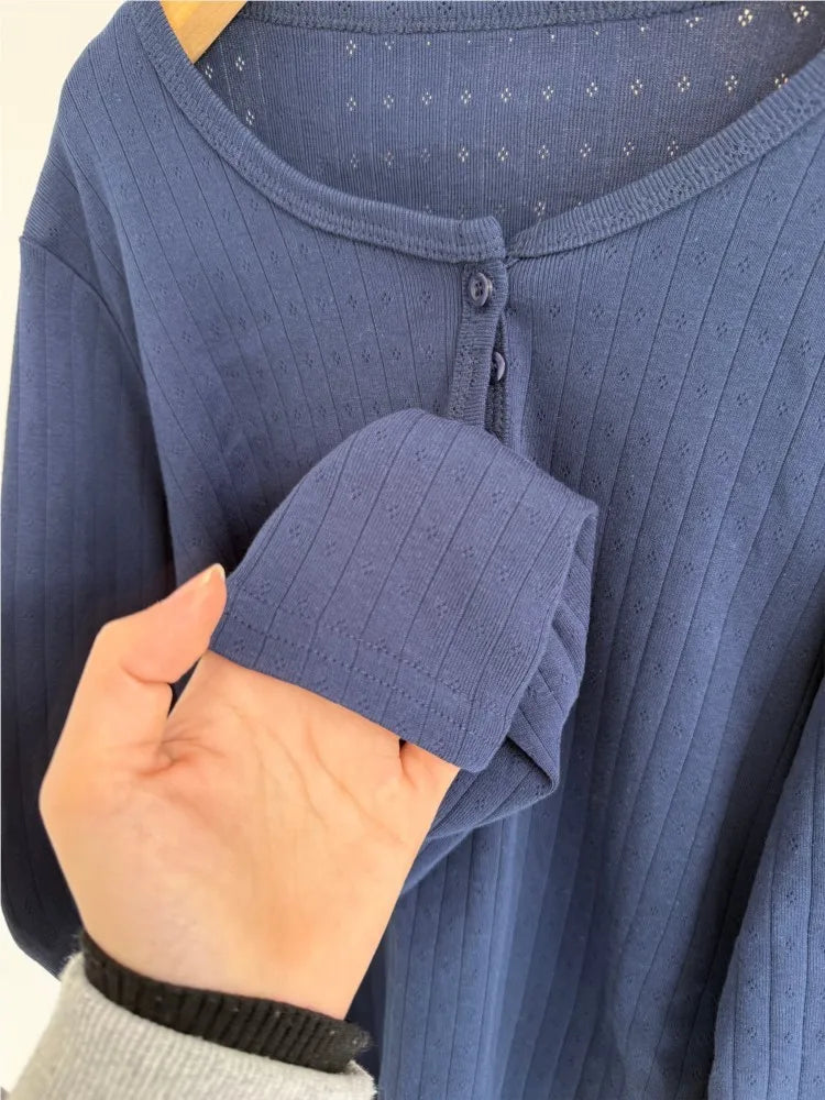 Navy Eyelet Three Buttons Long Sleeve T-Shirt New Autumn O-Neck Simple Slim Tee Top for Women Sweet Cute Basic Tshirt Y2k Tops