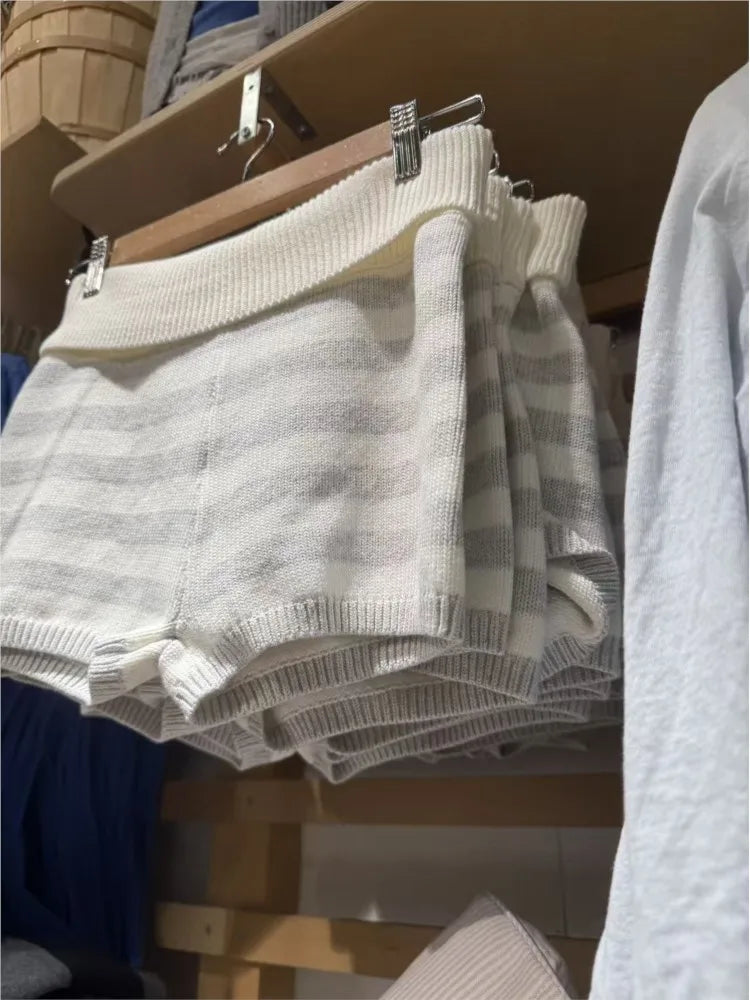 Flanging Knit Shorts Women Spring Elastic Waist Cotton Striped Straight Short Pants Sweet Home Underwear Y2K Sweatshorts