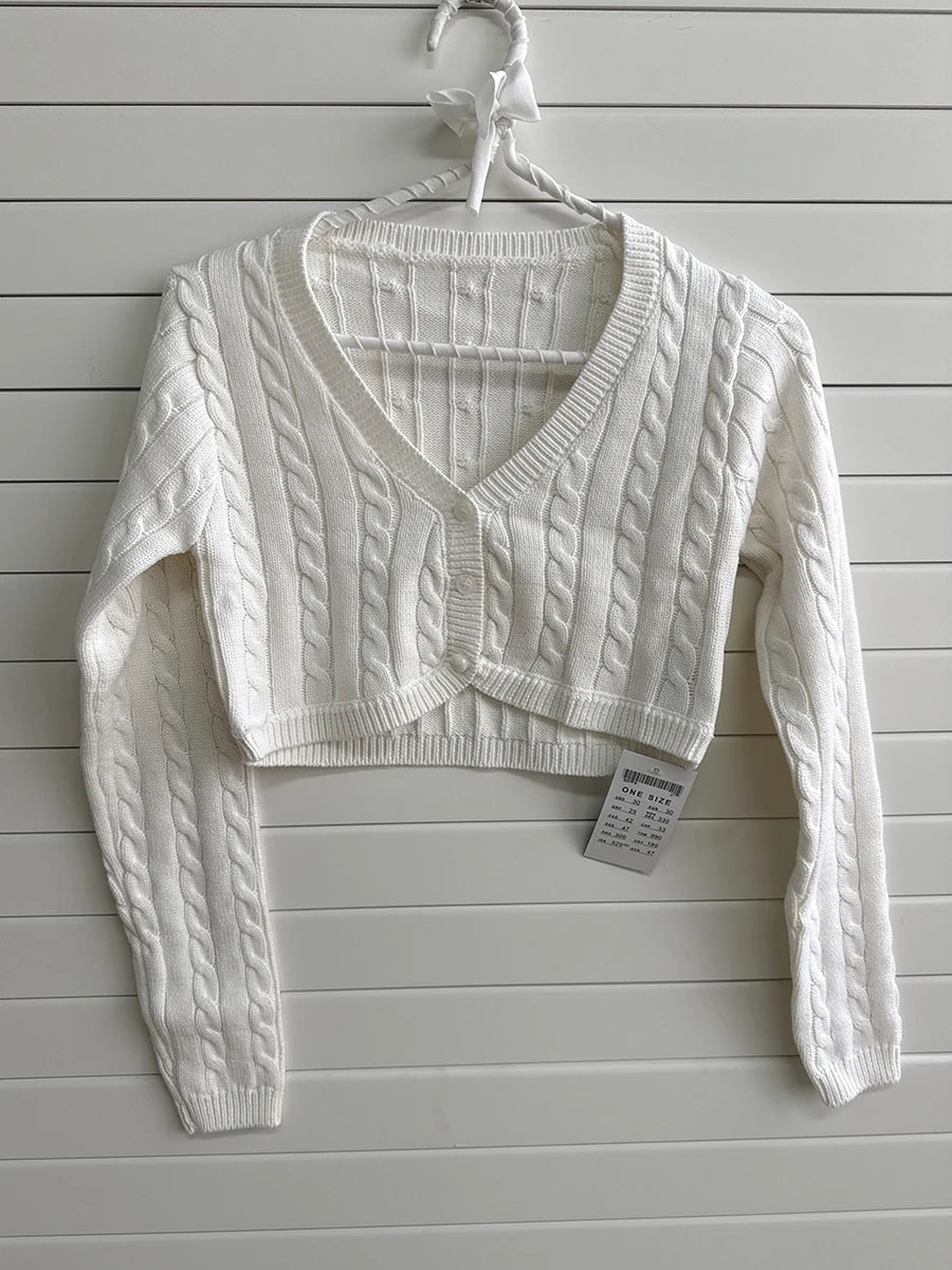 White Cable Knit Cropped Cardigan Women Sexy Chic V-neck Slim Long Sleeve Sweaters Vintage Preppy Style Knitwear Y2K
