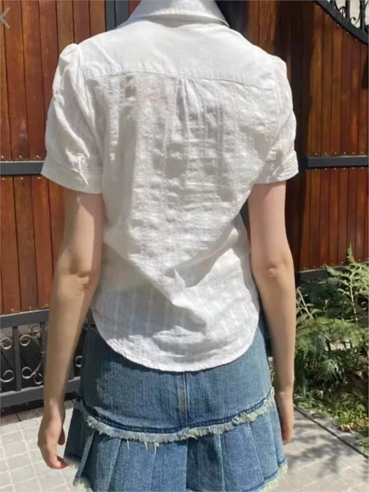 Sweet Pockets White Textured Blouse Women Turndown Collar Single Breasted Short Sleeve Shirts Tops Vintage Sweet Y2K Blouses New