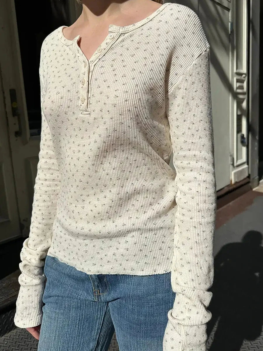 Waffle Floral Print Buttons Long Sleeve Tee Women Autumn Casual Fashion Chic Raw Hem Tops Female Vintage Sweet Cute Y2K T-shirts
