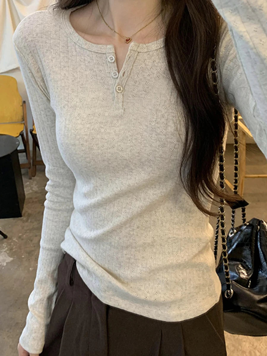 Navy Eyelet Long Sleeve T-Shirt Autumn Three Buttons O-Neck Simple Slim Tee Top for Women Sweet Cute Basic Tshirt Y2k Tops New