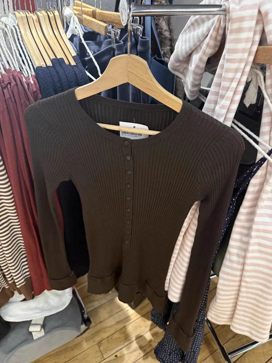 VintageBrown Knitted Long Sleeve T-shirts Women Spring O-neck Buttons Cotton Slim Knitwear Top Female  Preppy Style Tee Tops Y2K