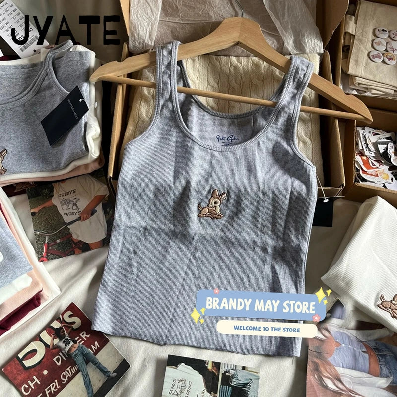 New Cute Little Deer Print Camisole Women Summer Cotton O-neck Simple Casual Slim Cropp Vests Sweet Vintage Chic Tank Tops Y2K
