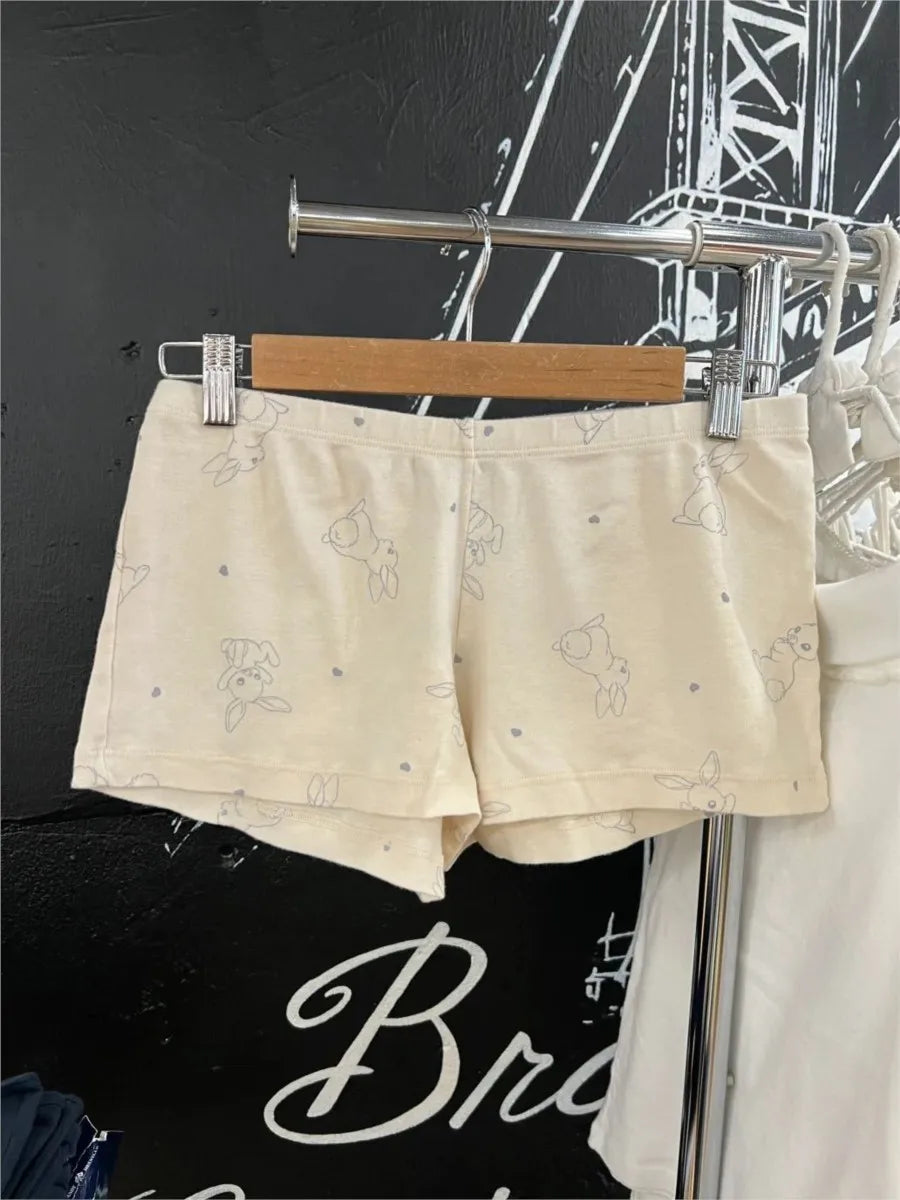 Rabbit Cotton Beige Tank Shorts Sets Woman Eyelet Slim Camisole+Elastic Waist Straight Sweatshorts Sweet Home 2 Piece Outfit New