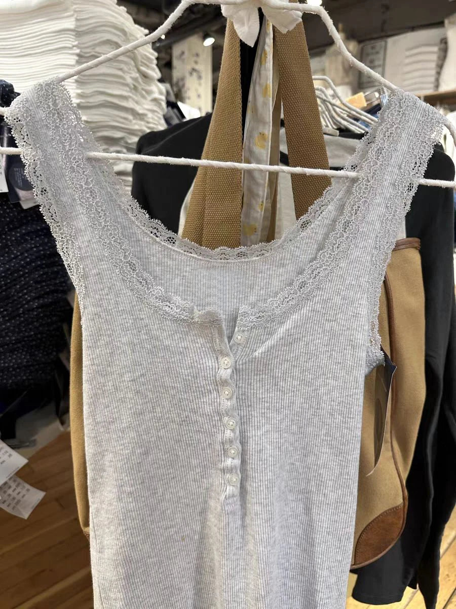 Basic Lace Trim Slim Ribbed Tank Top Women Spring Buttons Cotton Solid U Collar Sleeveless Camis Sweet Simple Chic Vest Tops Y2K
