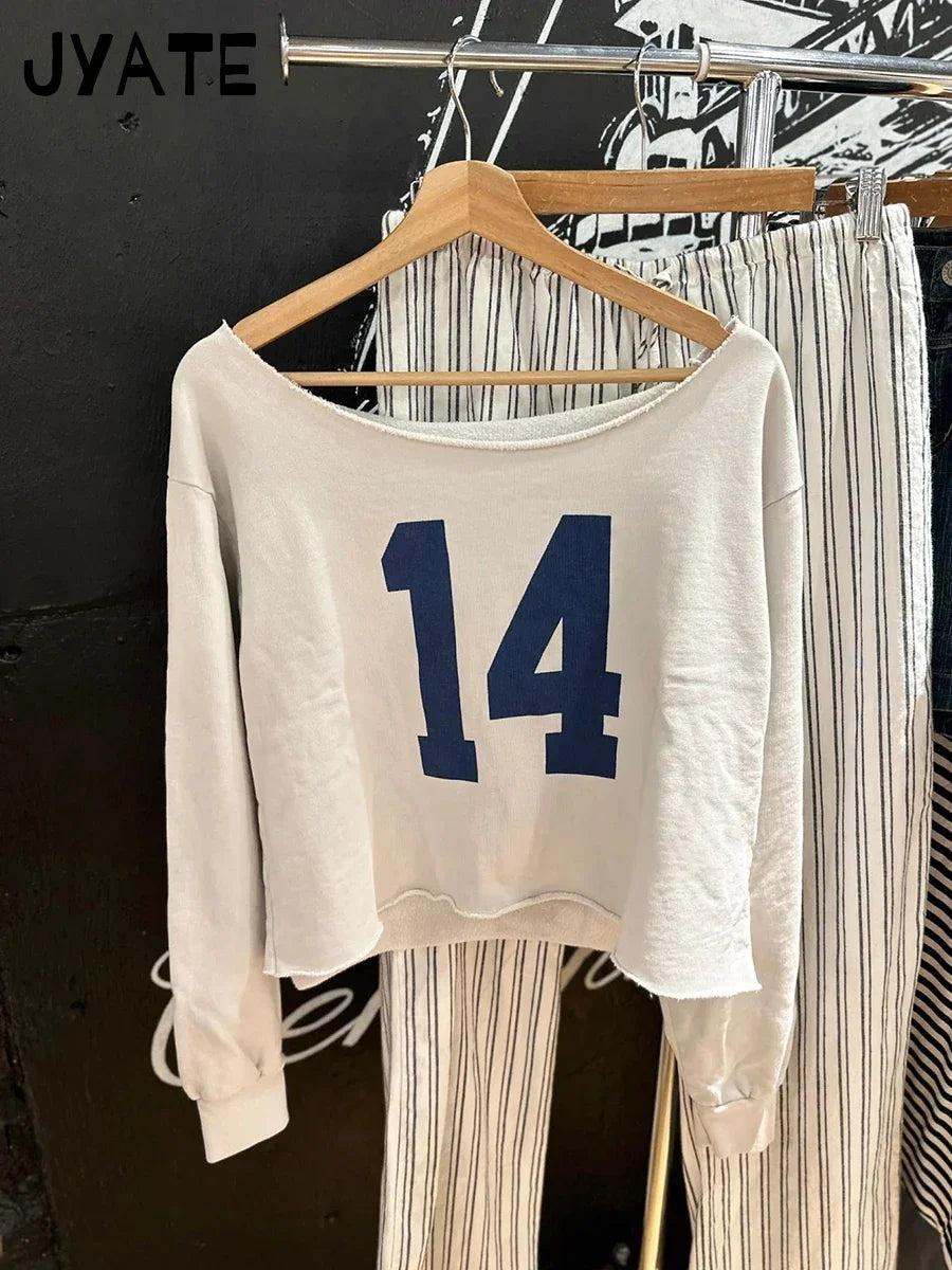 Fashion 14 Print Slash Neck Long Sleeve Tees Women New Cotton Crimping Preppy Style Loose Tops Vintage Chic Sweet T-shirts Y2K
