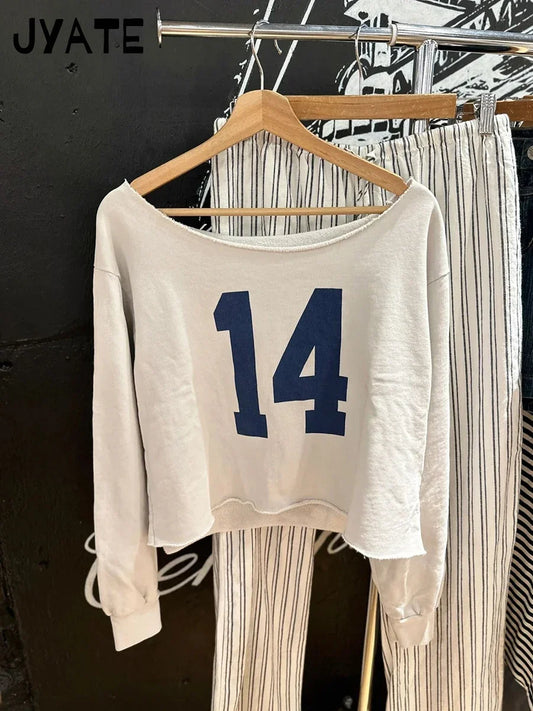 Fashion 14 Print Slash Neck Long Sleeve Tees Women New Cotton Crimping Preppy Style Loose Tops Vintage Chic Sweet T-shirts Y2K