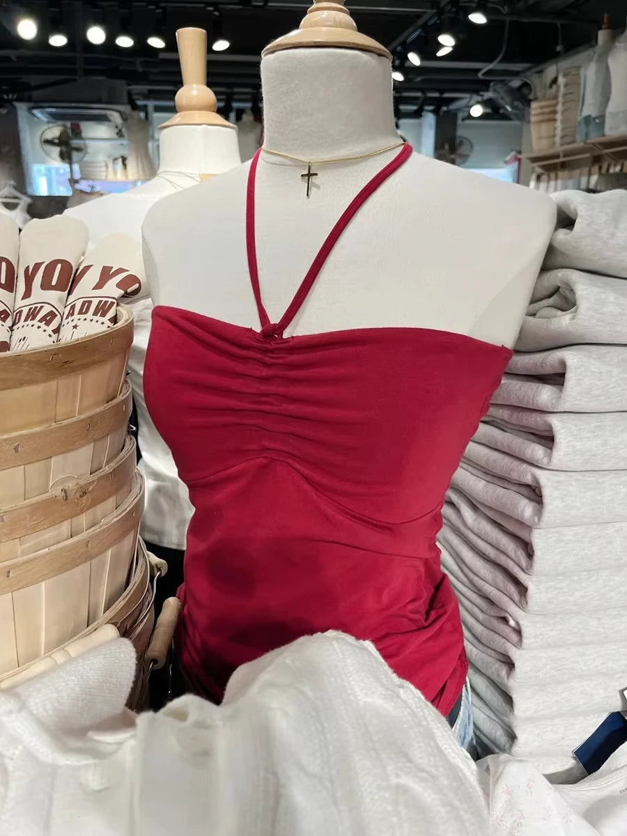 Striped Drawstring Folds Strapless Tank Tops Women New Summer Cotton Slim All-match Vest Vintage Sweet Preppy Style Camisole Y2K